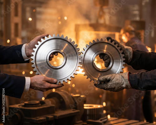 Industrial Hands Holding Metal Gears in a Manufacturing Facility with Sparkles