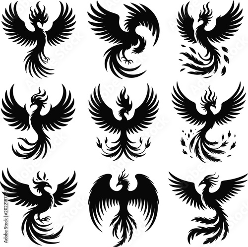 Foto Set of phoenix bird silhouettes isolated on white background