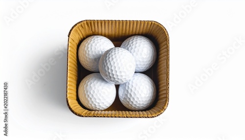 Sleeve of three white golf balls, studio light. center frame, soft lighting, close up ,pure white background. high resolution, hyper-realistic
