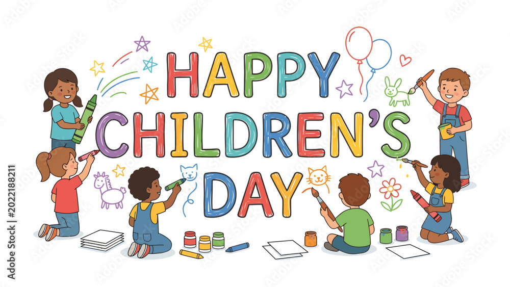 Fototapeta premium Joyful Children's Day: A vibrant illustration depicts a cheerful celebration of Children's Day, where diverse children use colorful crayons to draw delightful images around playful lettering.