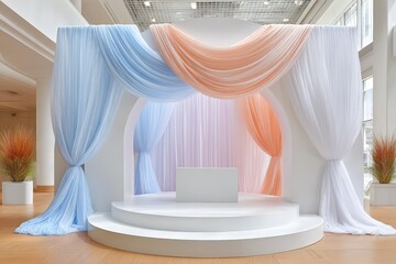 Pastel blue and peach draped arch stage with round podium for juneteenth display and event background design