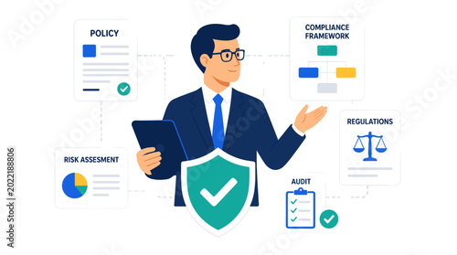 Professional Businessman Presenting Security And Compliance Concepts In An Illustration.