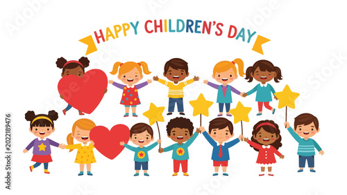 Happy Children's Day Celebration: A joyful illustration celebrating Children's Day, featuring a cheerful group of diverse children holding hands and stars, fostering a sense of unity and happiness. 