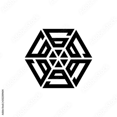 Powerful black geometric hexagonal logo with intricate interlocking patterns and star motif. Bold, symmetrical, and modern design featuring complex sacred geometry. Perfect for premium branding