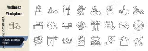 Wellness workplace line icons collection, 25 editable stroke symbols depicting physical and mental wellness, health and safety, environmental wellness, and productivity and balance