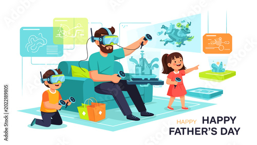Bild auf Leinwand Family Immersed in VR World: A father and two children are engrossed in a shared virtual reality experience