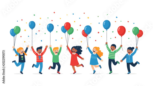 Fotografía Joyful Celebration with Balloons: Children of diverse backgrounds jump for joy, balloons in hand, under a cascade of colorful confetti, a vibrant scene of happiness and unity