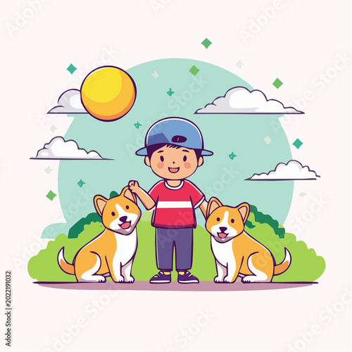 Boy with two corgi dogs in a park