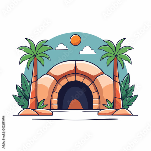 Cartoon Cave Entrance with Palm Trees and Sun