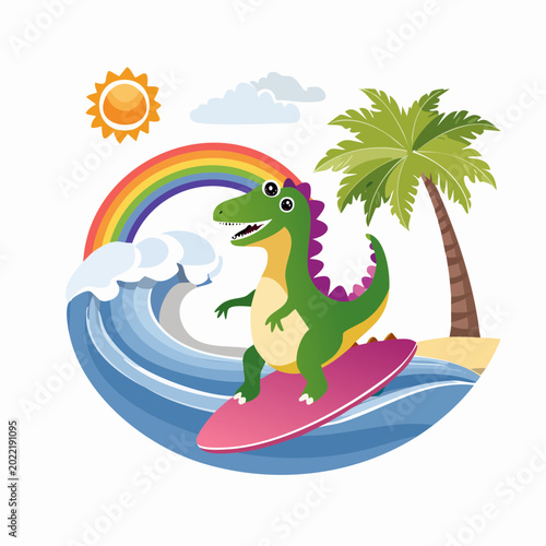 Cartoon Dinosaur Surfing on a Wave with Rainbow and Palm Tree