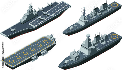Foto Modern Isometric Naval Fleet Vector Set with Aircraft Carrier Amphibious Assault
