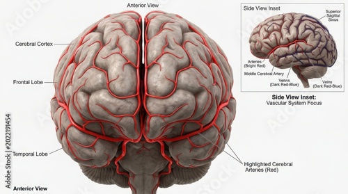 Human brain anatomy illustration with red blood vessels and labels illustration