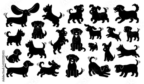 Tableau sur toile Cute dog silhouette collage vector illustration playful puppy collection isolate