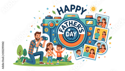 Canvastavla Father's Day Scene: A father captures cherished memories with his children on a special day, symbolized by a camera and framed family photographs