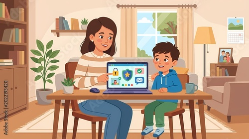 Mother teaching son about internet safety and cybersecurity at home.