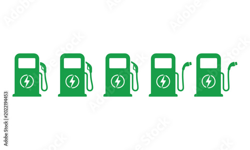 Green electric vehicle charging station icons on white background