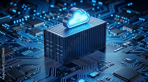 Cloud storage container on a circuit board, with a glowing blue cloud