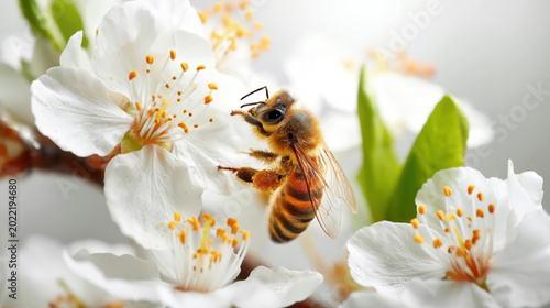 Close-up of honeybee collecting pollen from white cherry blossoms with vibrant green leaves and soft background
