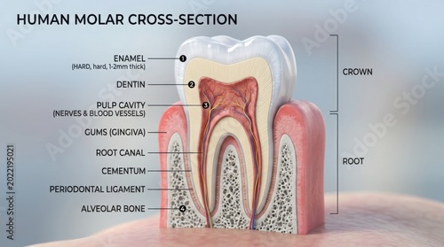 Anatomy diagram of a human molar tooth cross section with labels illustration