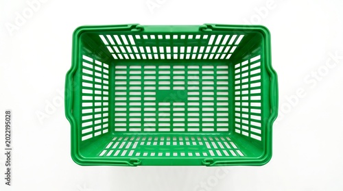 Empty green plastic shopping basket, top-down view