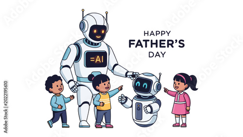Foto AI Father's Day: A futuristic illustration showing a robotic father figure tenderly interacts with his children, embodying modern family dynamics