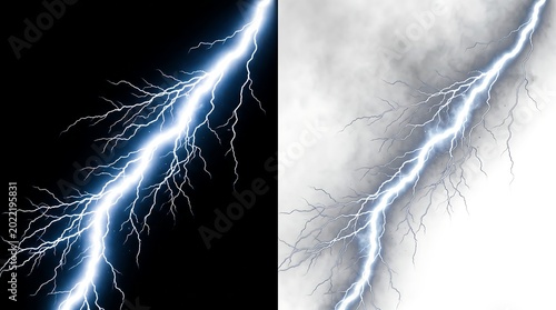 Lightning bolts on black and white backgrounds, with smoke