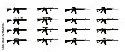 Canvas Print Collection of assault rifle silhouettes with various attachments and designs