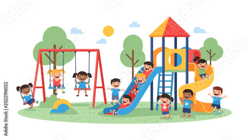 фотографія Joyful Playground: A vibrant illustration capturing children reveling in playful activities on a playground, embodies the essence of childhood fun, highlighting swings and slides