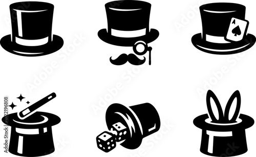 Vector icon magic hat magician illusion rabbit wand black silhouette set
