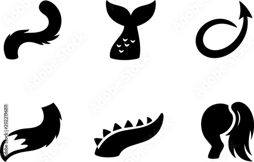Vector icon tail animal fantasy dragon mermaid black silhouette set

