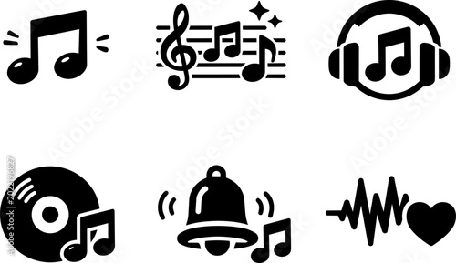 Vector icon music note headphone microphone audio black silhouette set