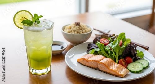Fresh Salmon Salad With Green Drink.