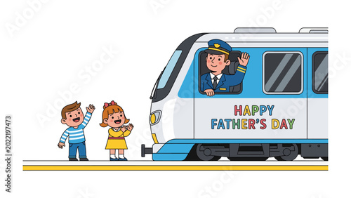 Happy Father's Day: Illustration of a train with a father as a driver, waving at his children in a heartwarming Father's Day scene.