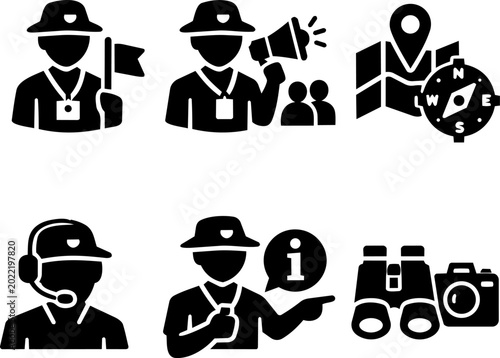 Vector icon tourist guide travel navigation black silhouette set