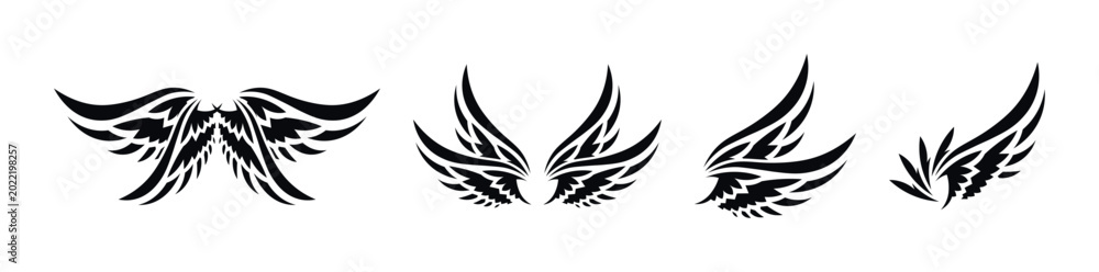 Obraz premium Collection of stylized black tribal wing designs on a white background