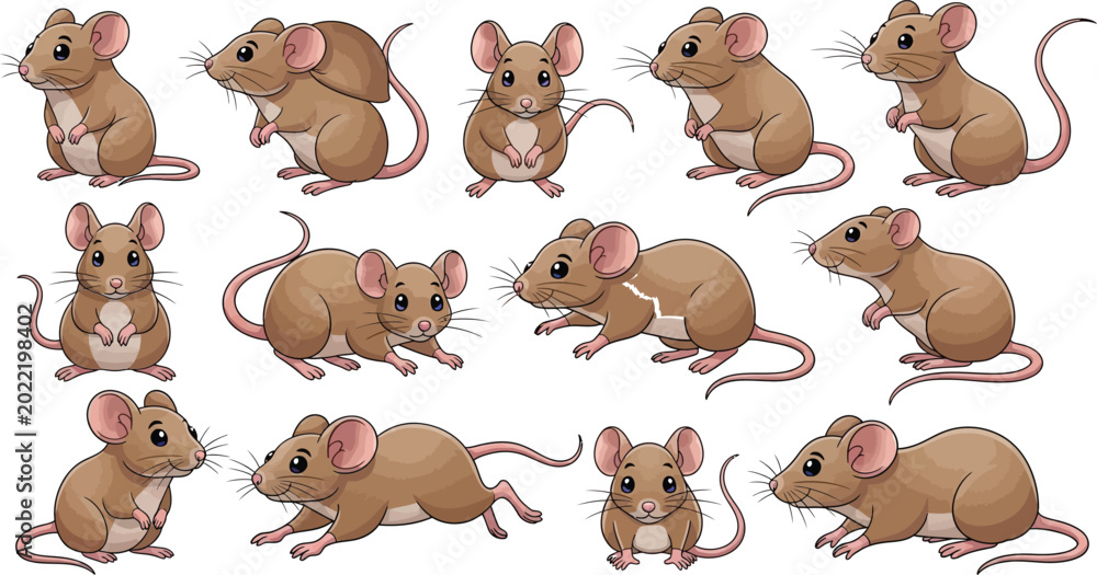 Obraz premium Set of cute brown mice vector illustrations in various crawling and standing positions for wildlife design elementsSet of cute brown mice vector illustrations in various crawling and standing position