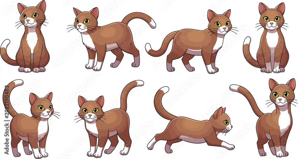 Fototapeta premium Set of cute domestic cat vector illustrations in various walking and sitting positions for pet shop design elementsSet of cute domestic cat vector illustrations in various walking and sitting position