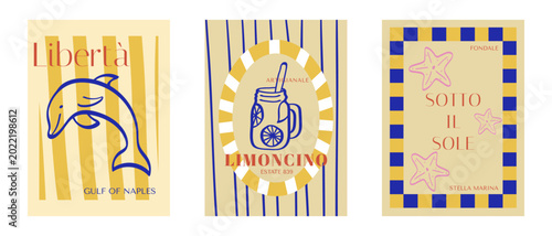 Amalfi Coast Summer Posters Set, Italian Retro Aesthetic Illustrations, Vintage Travel Cards with Lemons, Shells and Marine Life, Mediterranean Style Decor.