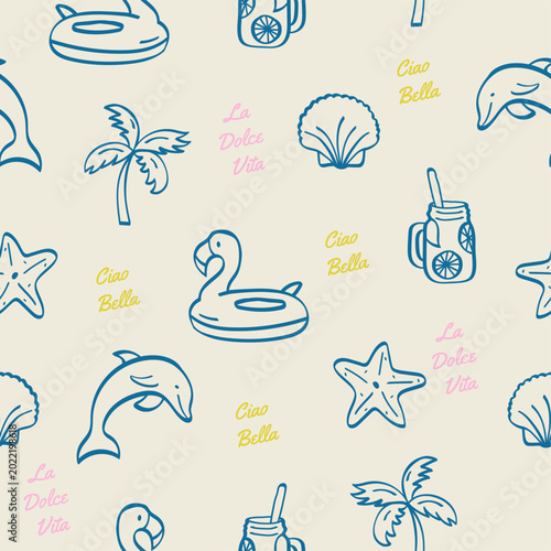 Amalfi Coast Seamless Pattern with Retro Icons, Mediterranean Summer Background for Textile and Packaging, Italian Vacation Aesthetic.