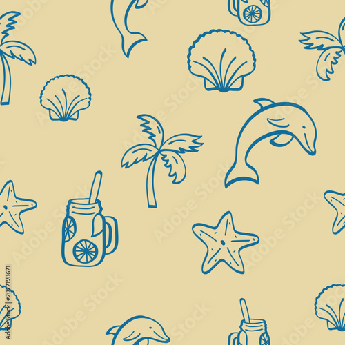 Minimalist Mediterranean Marine Pattern, Blue Outlined Summer Symbols on Beige Background, Coastal Seamless Texture for Branding.