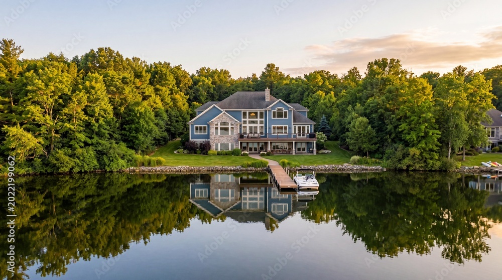 Fototapeta premium A large blue house with a dock and boat on a serene lake surrounded by trees