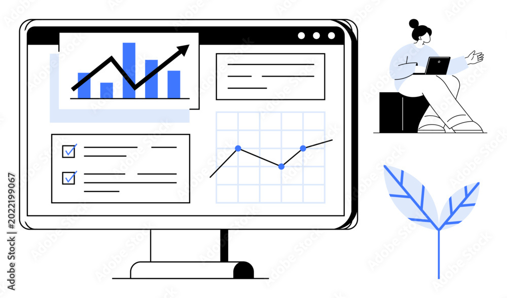 Obraz premium Data analysis, business growth, productivity tools, digital strategy, reporting tools, remote work. Graphs, bar charts and checklists on a screen with a person working on a laptop. Data analysis
