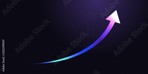 Glowing neon blue and purple arrows surge upward, representing the high-speed nature of increasing market value in Finance concepts, with business graphic features jagged paths