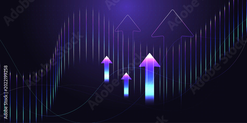 Tableau sur toile Glowing upward arrows surge through a digital grid, symbolizing the rapid growth