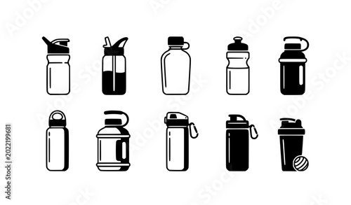 Sports water bottle icon set with assorted lid designs and fitness drink containers