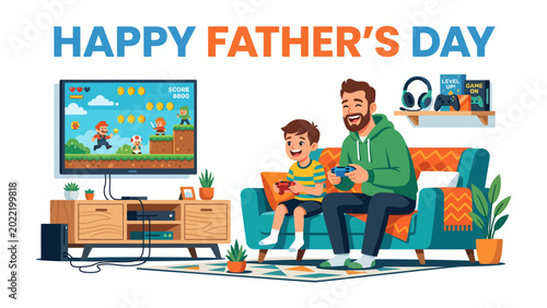 Schilderij op canvas Happy Father's Day: A heartwarming scene captures a father and son bonding over a video game