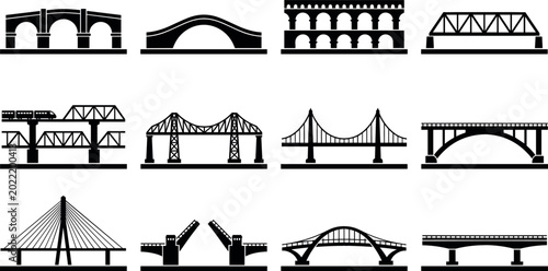 Foto Architecture bridge silhouette icon set featuring suspension truss arch cable-stayed aqueduct and drawbridge vector illustrations isolated on white background