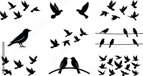 Bilde på lerret Flock of birds silhouette collection featuring flying doves, crows sitting on wires, lovebirds on a branch, and wild bird vector elements