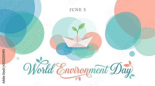 World Environment Day June 5 banner, eco-friendly paper boat with green sprout, pastel abstract circles for sustainability and nature conservation isolated on White Background