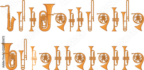 Bild auf Leinwand Golden brass musical instruments set vector illustration featuring trumpet, saxo